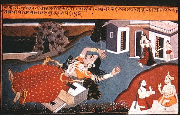 Krishna sucking the poison out of the ogress Putana who tried to kill him with it.